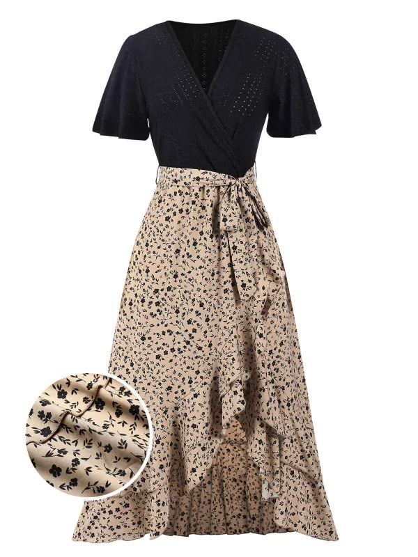 1930s Wrap V-Neck Patchwork Ruffle Dress sold by Retro Stage