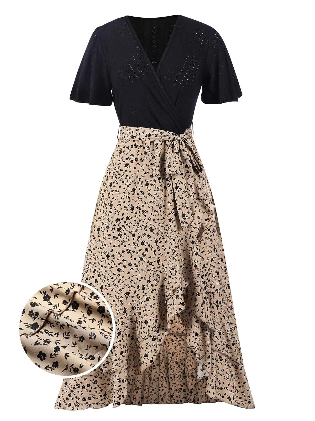 1930s Wrap V-Neck Patchwork Ruffle Dress sold by Retro Stage