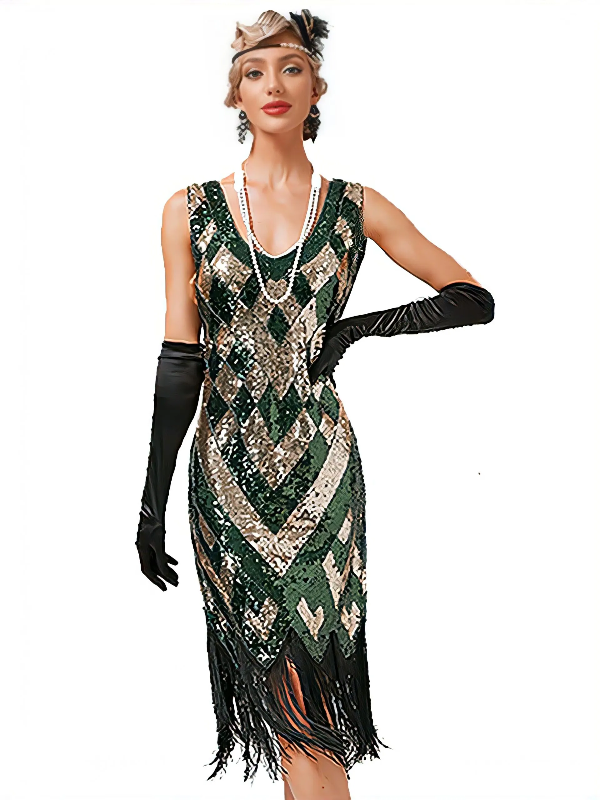 1920s V-Neck Sequined Fringe Evening Dress sold by Retro Stage product image thumbnail 3