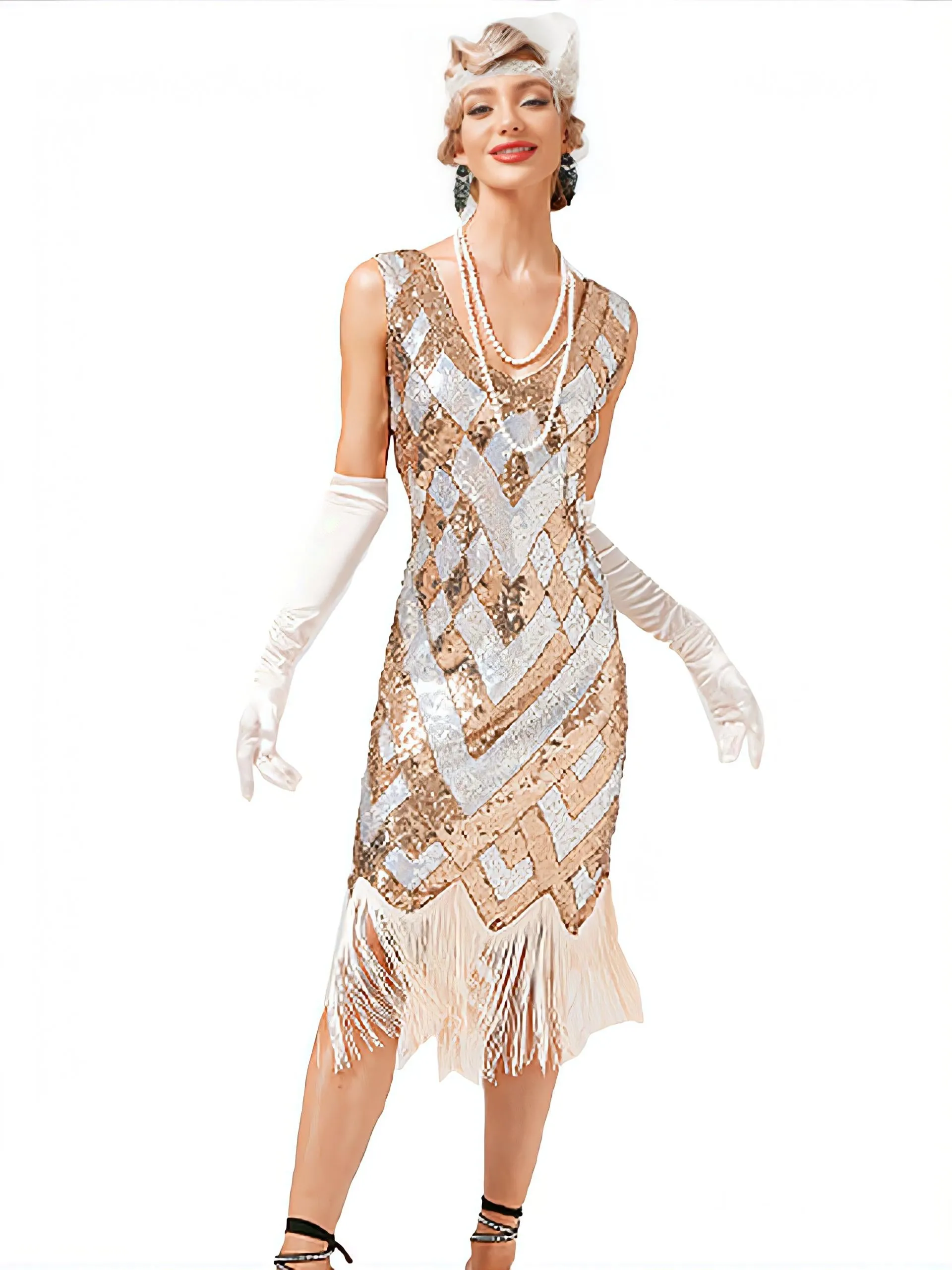 1920s V-Neck Sequined Fringe Evening Dress sold by Retro Stage product image thumbnail 4