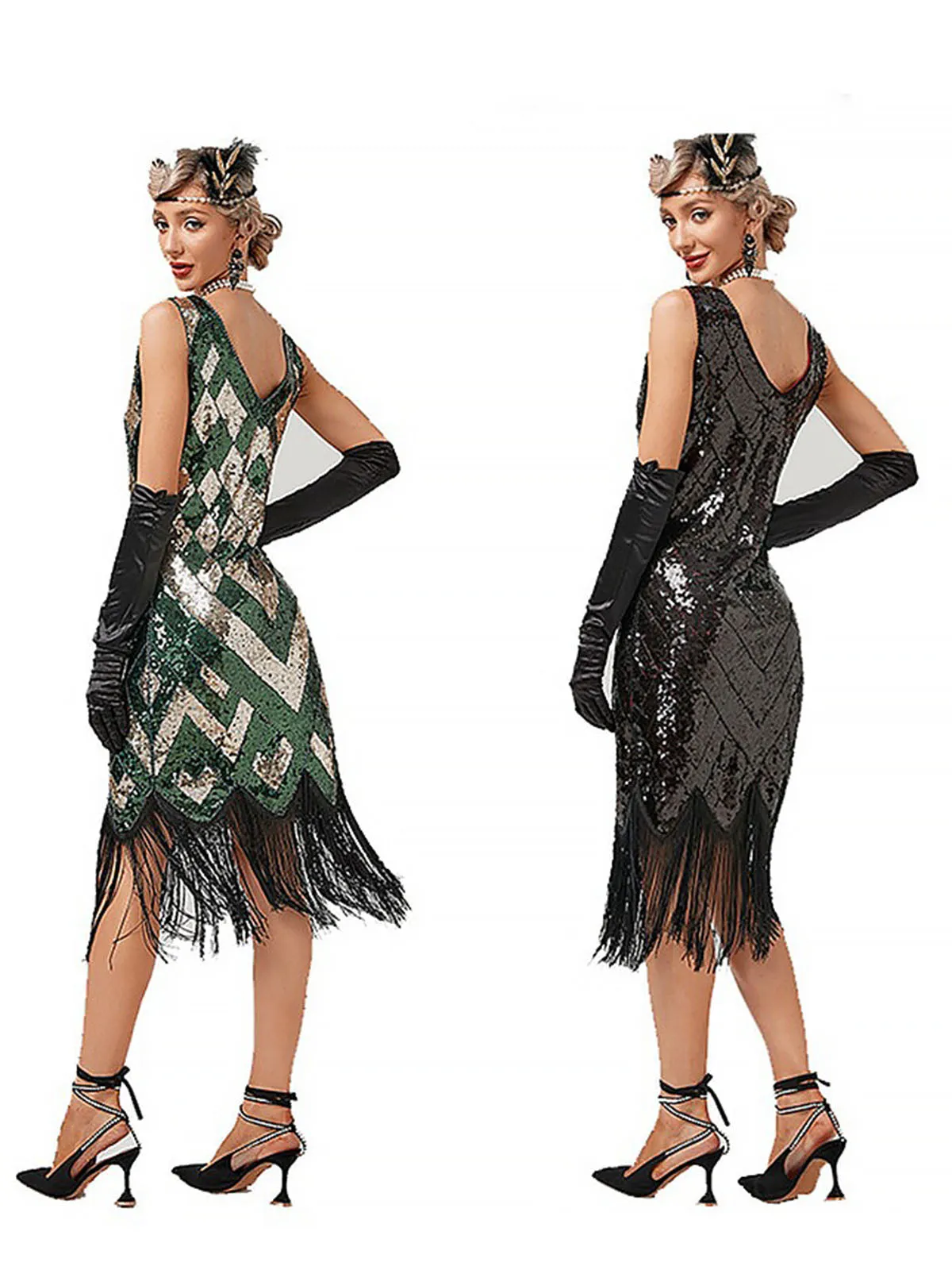 1920s V-Neck Sequined Fringe Evening Dress sold by Retro Stage product image thumbnail 5