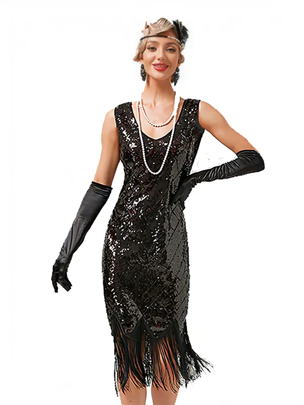 1920s V-Neck Sequined Fringe Evening Dress sold by Retro Stage