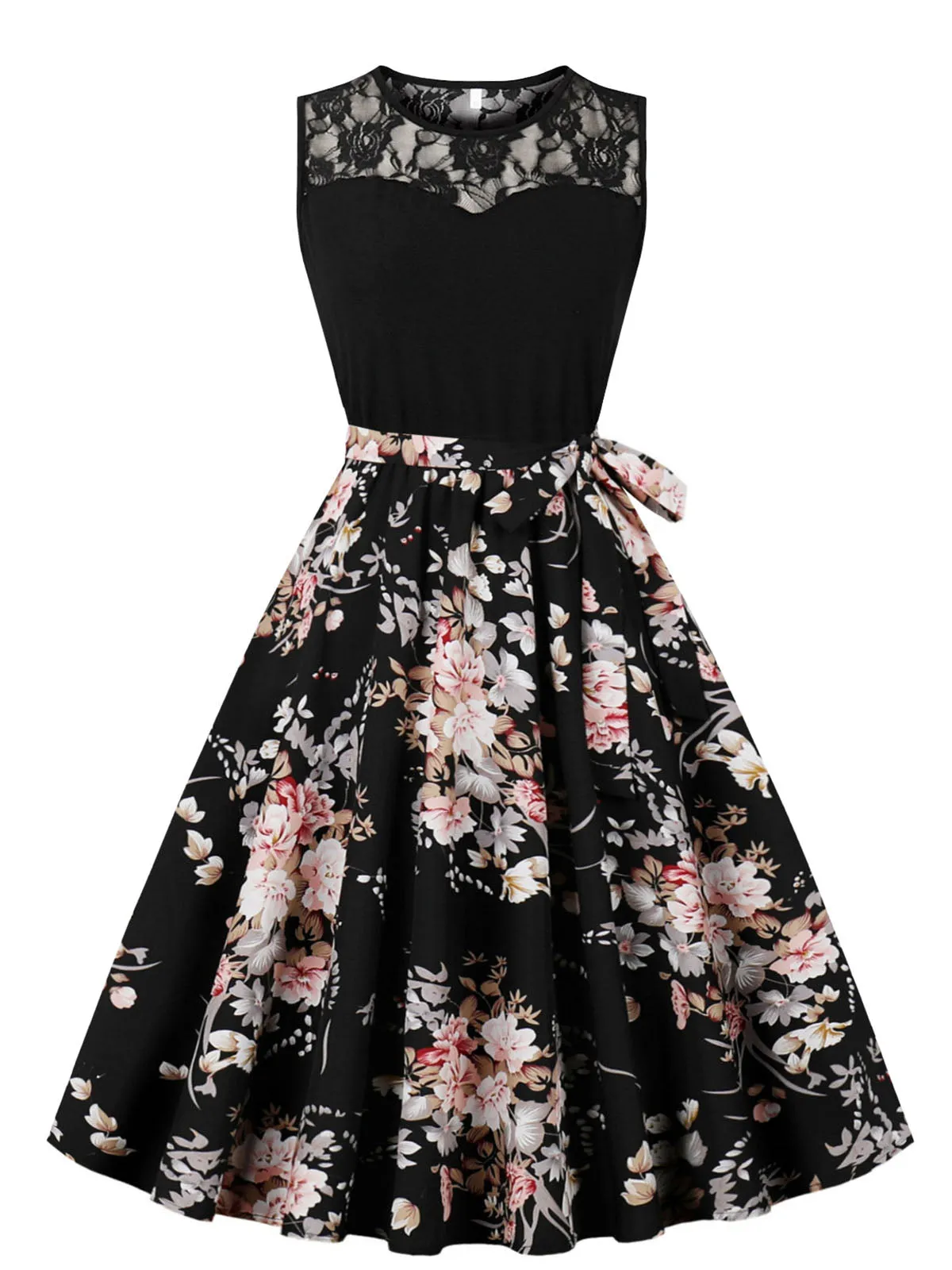 1950s Lace Patchwork Cherry Floral Sleeveless Dress sold by Retro Stage product image thumbnail 3