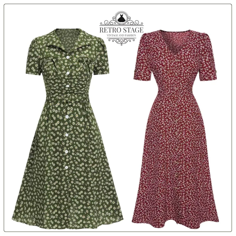 Green 1940s Lapel Buttons Ditsy Floral Dress sold by Retro Stage