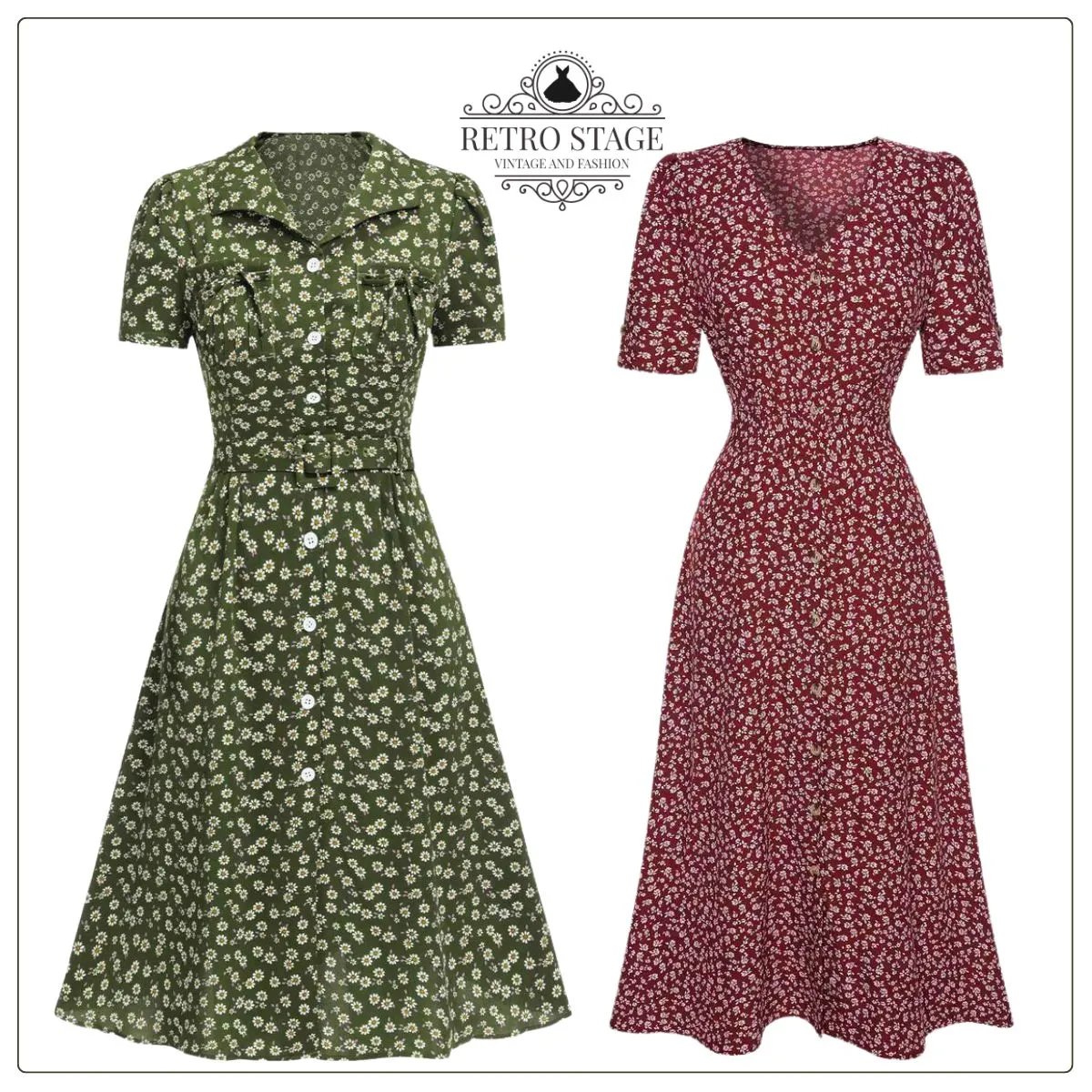 Green 1940s Lapel Buttons Ditsy Floral Dress sold by Retro Stage