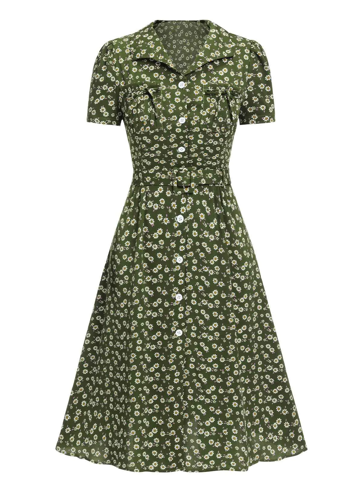Green 1940s Lapel Buttons Ditsy Floral Dress sold by Retro Stage product image thumbnail 3