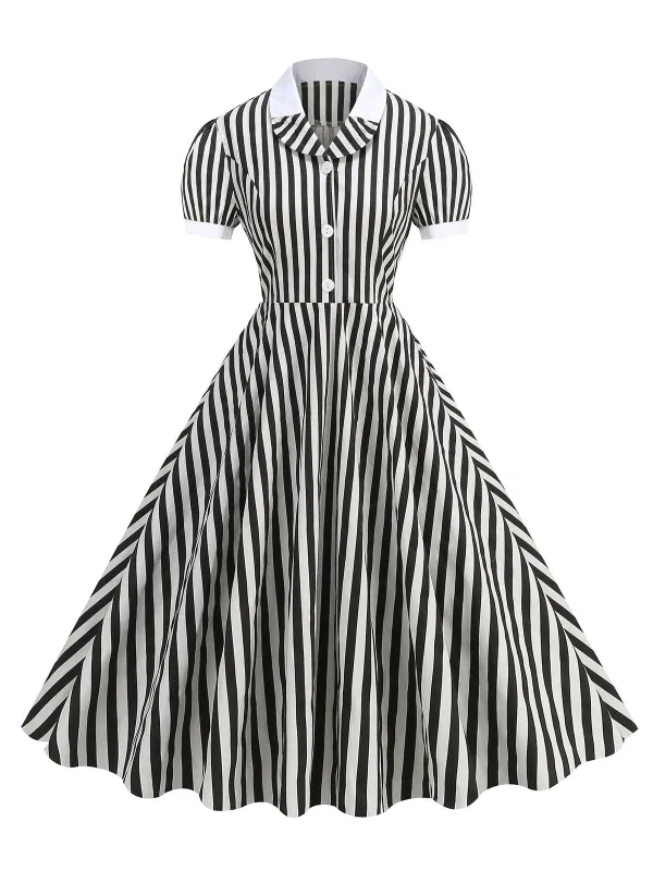 1950s Peter Pan Collar Black & White Stripes Dress sold by Retro Stage