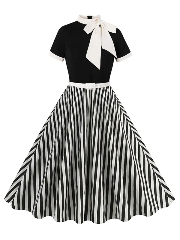 1950s Tie Neck Black & White Stripes Belted Dress sold by Retro Stage