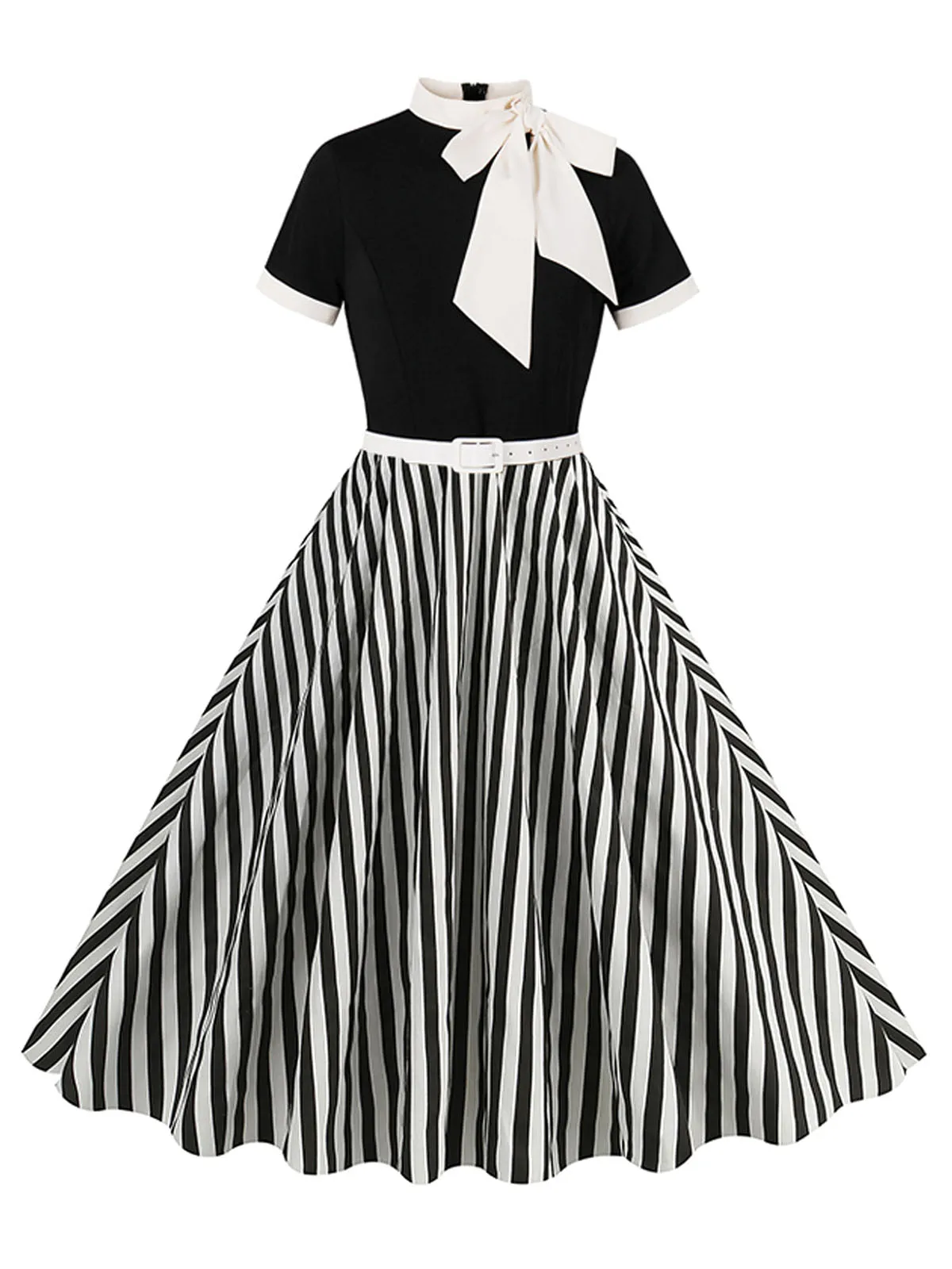 1950s Tie Neck Black & White Stripes Belted Dress sold by Retro Stage