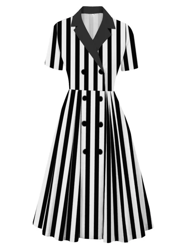 1940s Lapel Double Breasted Black & White Stripes Dress sold by Retro Stage