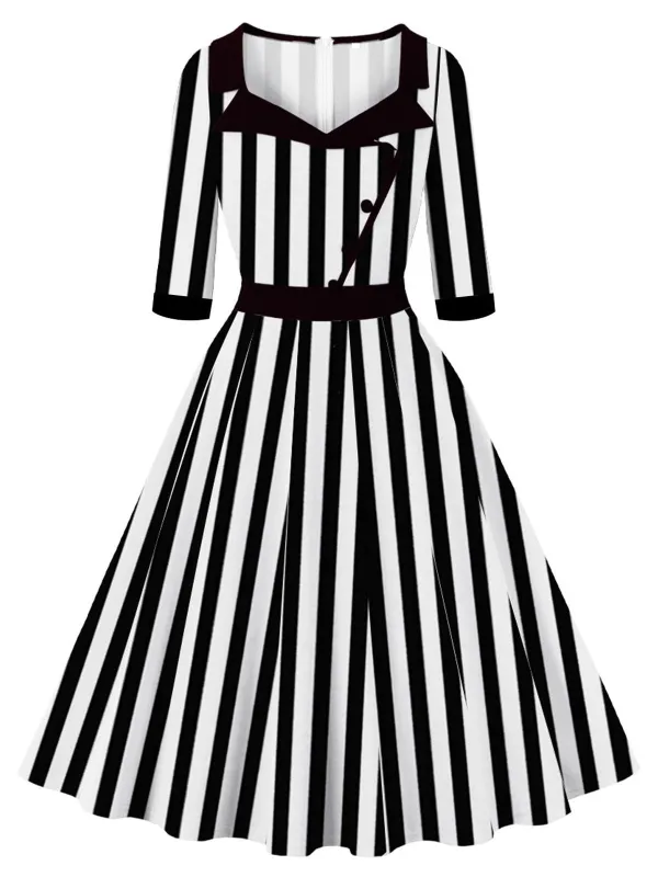 1950S Lapel Black & White Stripes Dress sold by Retro Stage