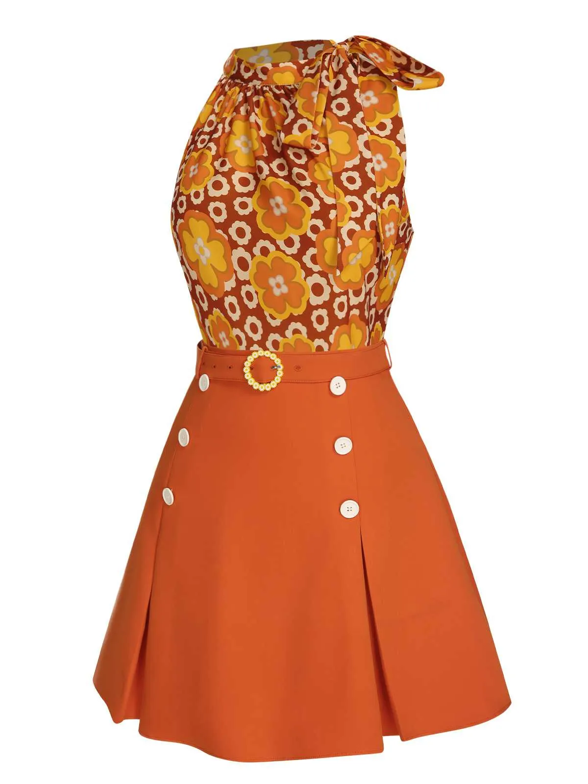 2PCS 1960s Tie Neck Floral Top & Button Solid Skirt sold by Retro Stage product image thumbnail 5