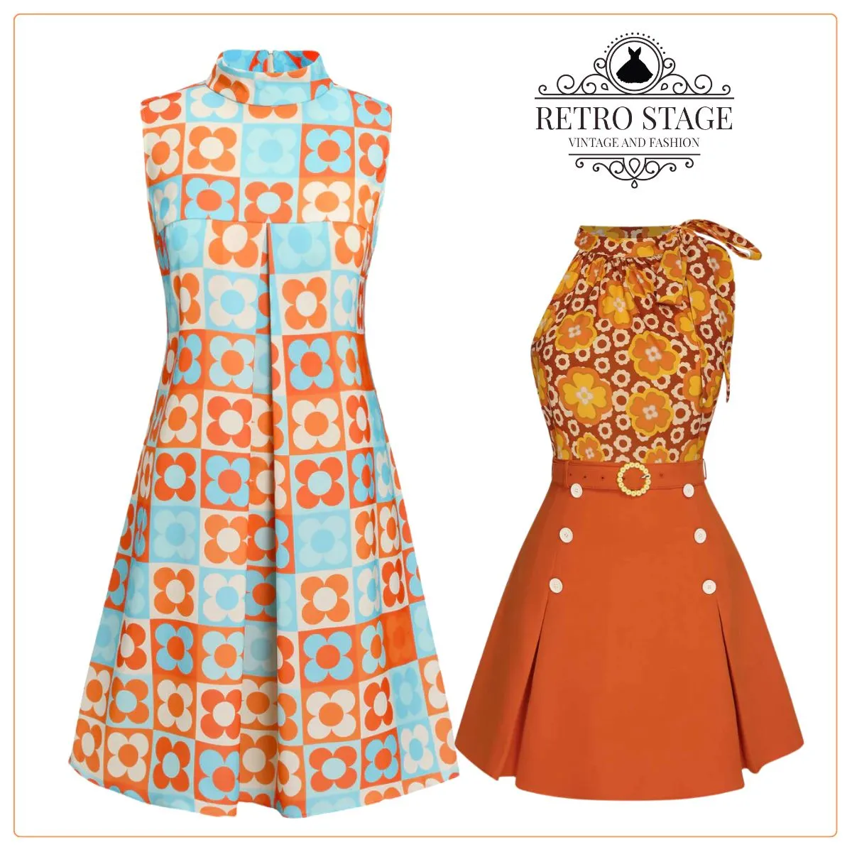 2PCS 1960s Tie Neck Floral Top & Button Solid Skirt sold by Retro Stage