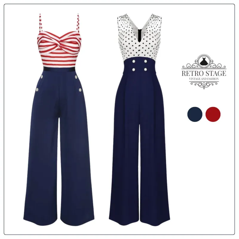 Dark Blue 1930s Spaghetti Strap Stripes Jumpsuit sold by Retro Stage