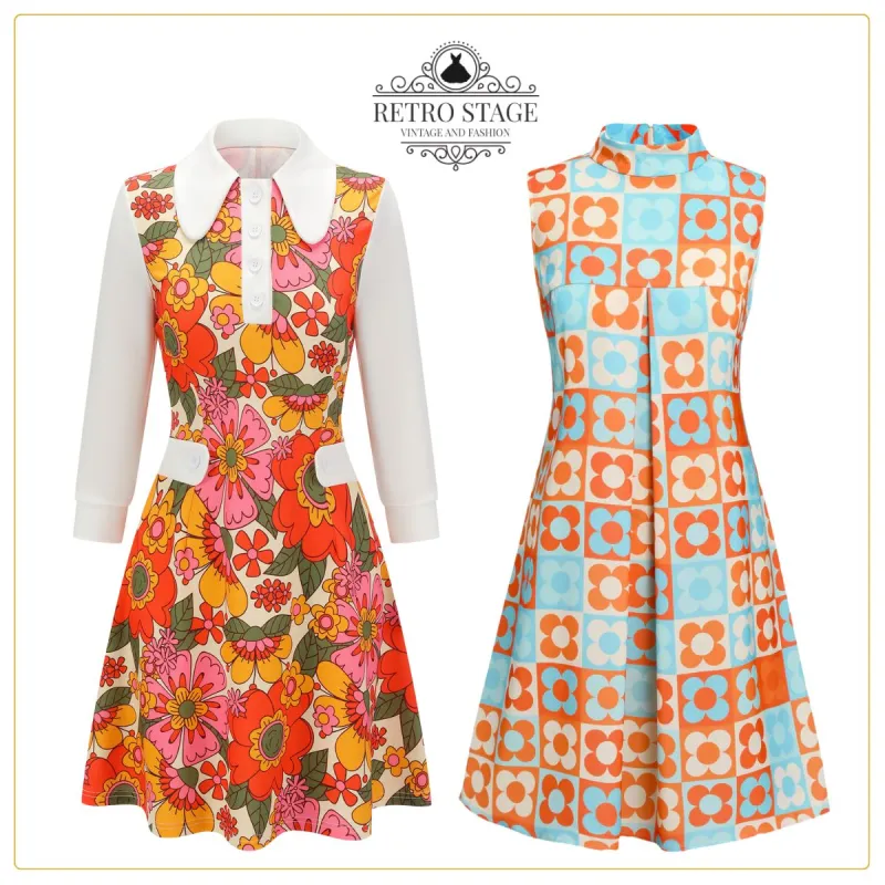Orange & Blue 1960s Floral Stand Collar Dress sold by Retro Stage