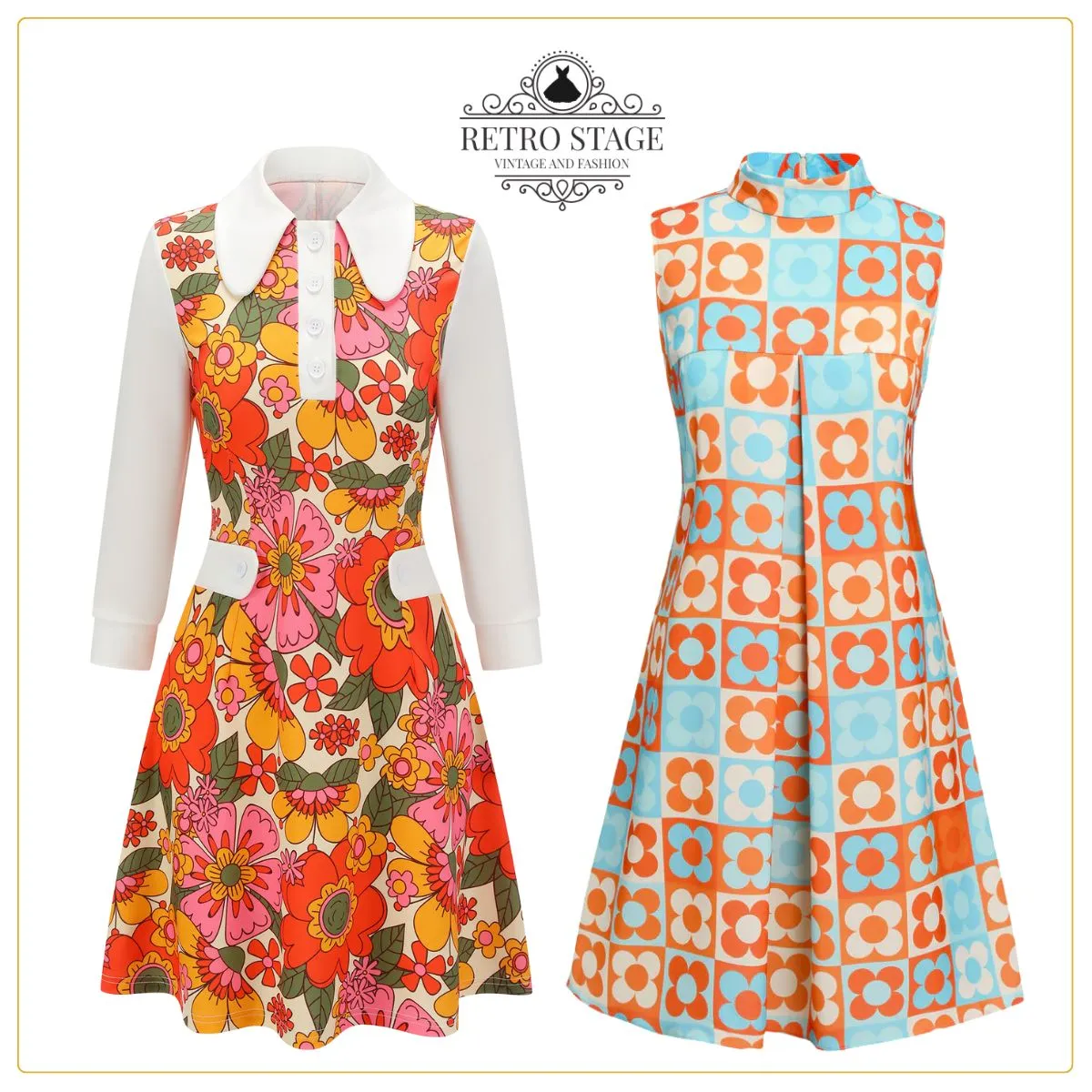 Orange & Blue 1960s Floral Stand Collar Dress sold by Retro Stage