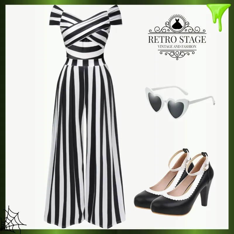 Black 1960s Off-Shoulder Stripes Jumpsuit sold by Retro Stage