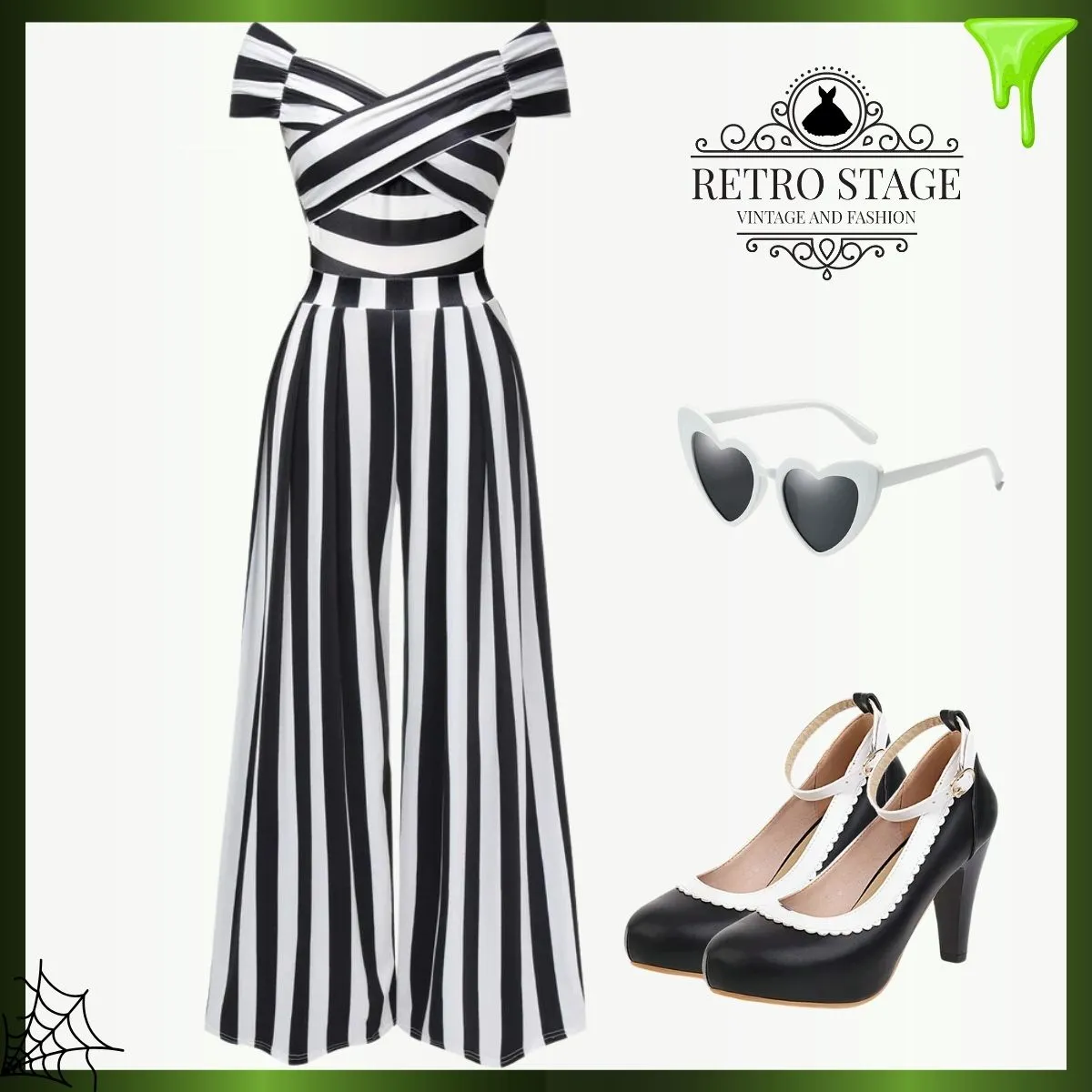 Black 1960s Off-Shoulder Stripes Jumpsuit sold by Retro Stage