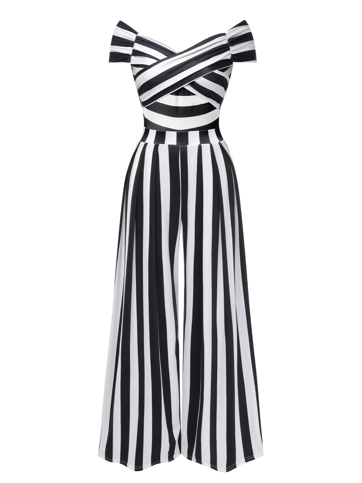 Black 1960s Off-Shoulder Stripes Jumpsuit sold by Retro Stage product image thumbnail 4