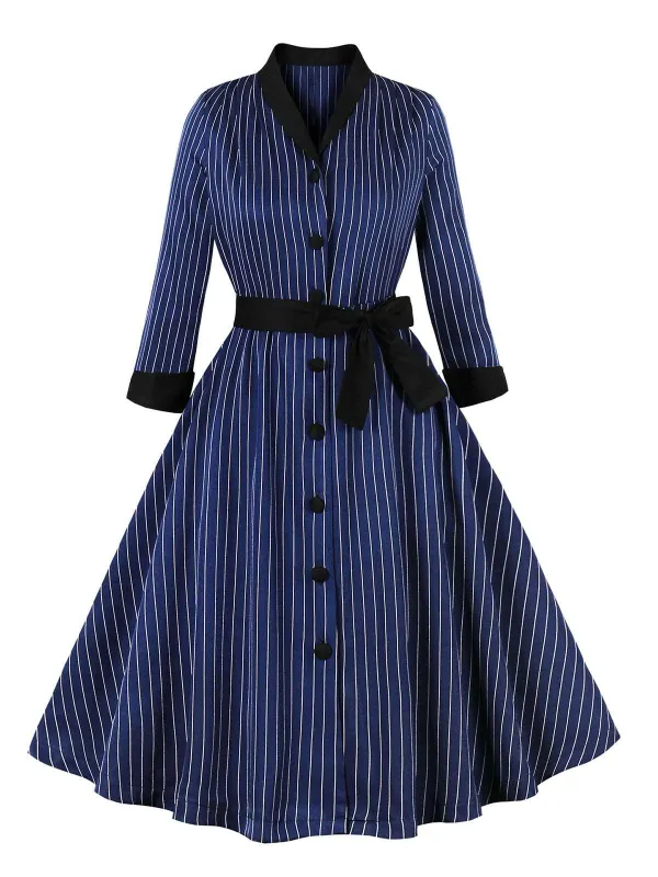 Dark Blue 1950s Striped Patchwork Belted Dress sold by Retro Stage