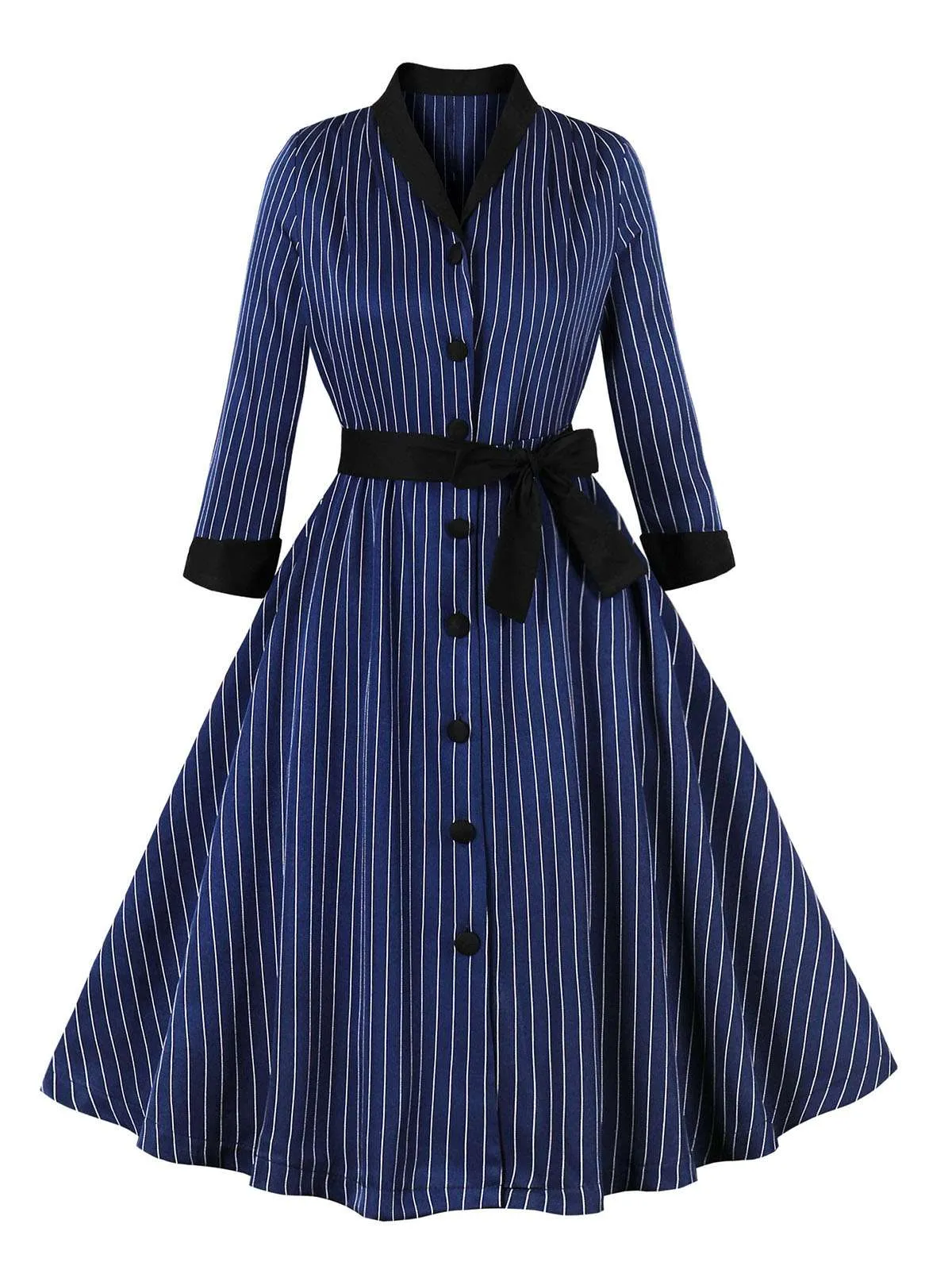Dark Blue 1950s Striped Patchwork Belted Dress sold by Retro Stage