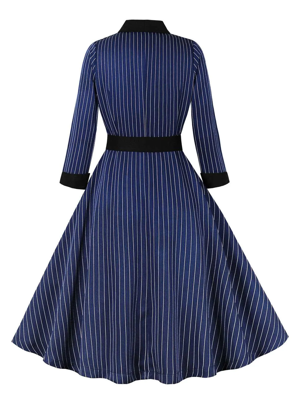 Dark Blue 1950s Striped Patchwork Belted Dress sold by Retro Stage product image thumbnail 2