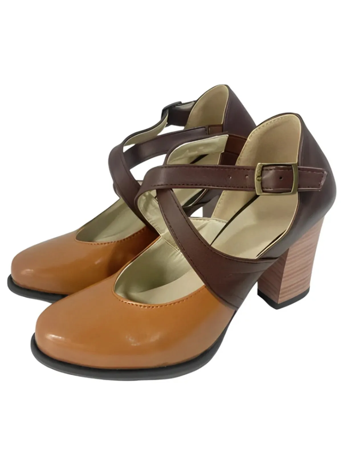 Brown Cross Strap Color Block Chunky Heels sold by Retro Stage