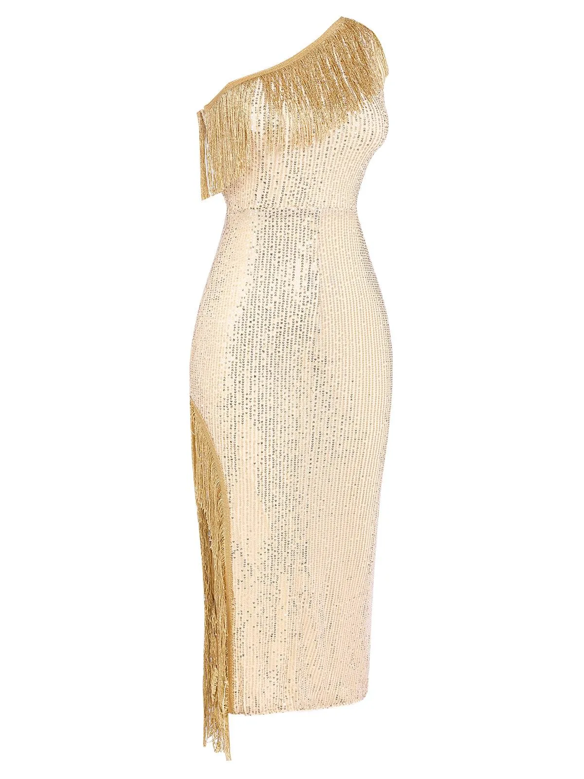 Gold 1920s One Shoulder Sequined Tassel Dress sold by Retro Stage product image thumbnail 3