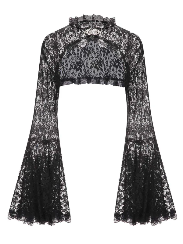 Black 1970s Flare Sleeved Lace Sheer Cape sold by Retro Stage
