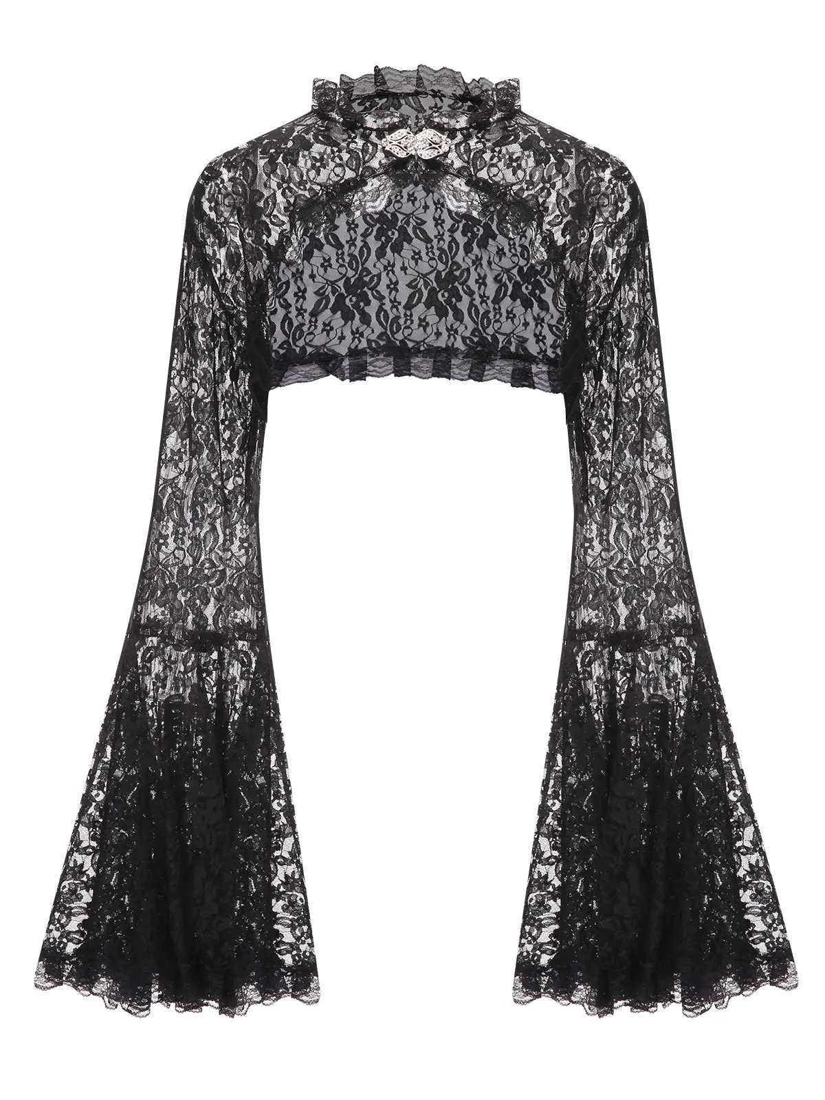 Black 1970s Flare Sleeved Lace Sheer Cape sold by Retro Stage
