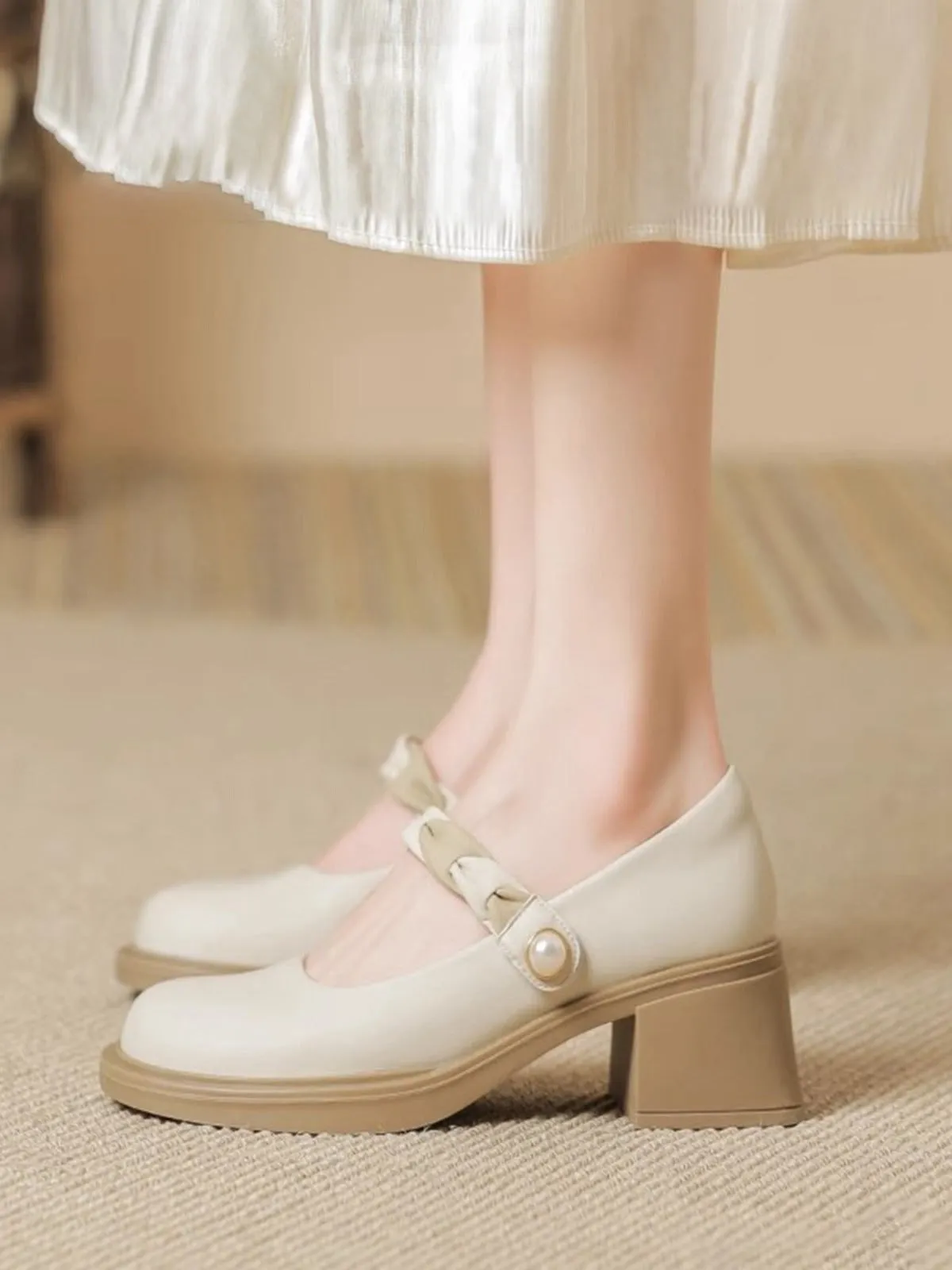 White Round Toe Chunky Heels Shoes sold by Retro Stage