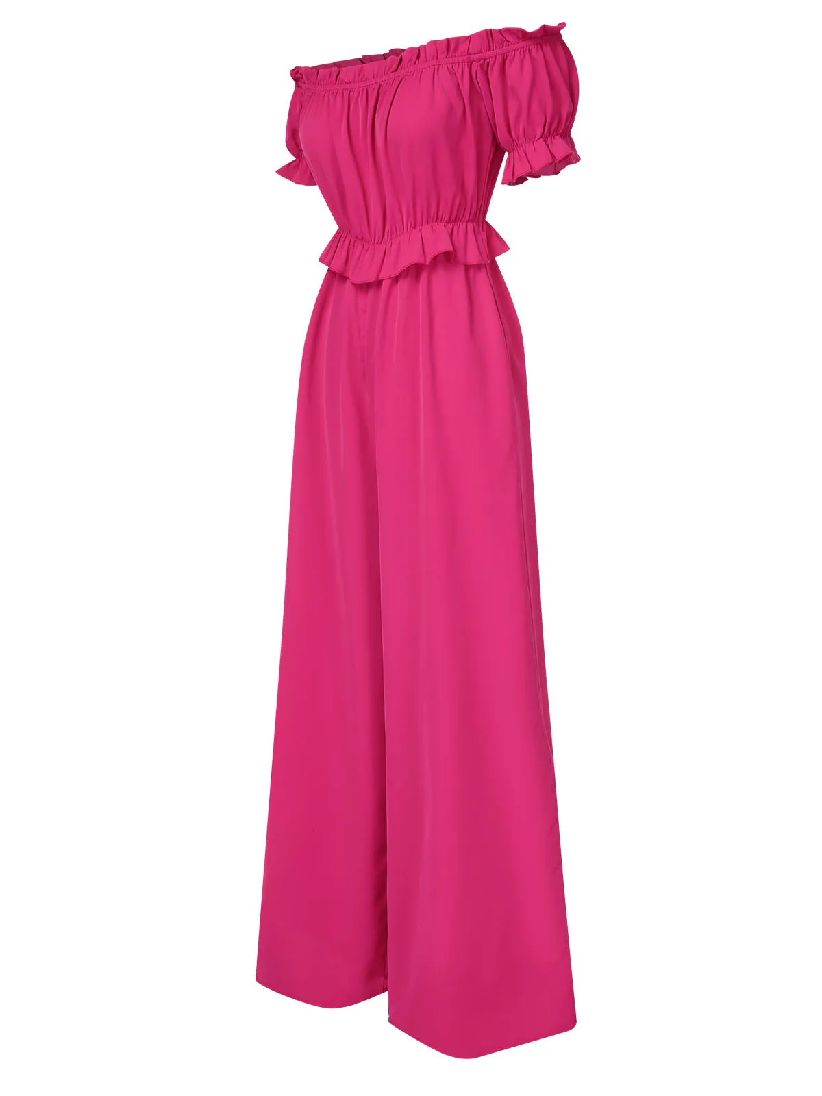 Rose Red 1950s Off-Shoulder Ruffles Solid Jumpsuit sold by Retro Stage product image thumbnail 2