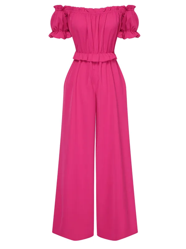 Rose Red 1950s Off-Shoulder Ruffles Solid Jumpsuit sold by Retro Stage