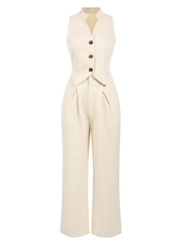 2PCS 1960s Beige Buttoned Vest Top & Pocket Wide Leg Pants sold by Retro Stage