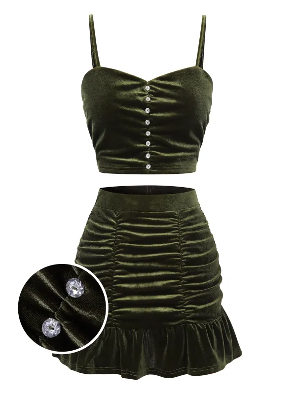 2PCS Green 1960s Flannelette Ruffles Top&Skirt sold by Retro Stage