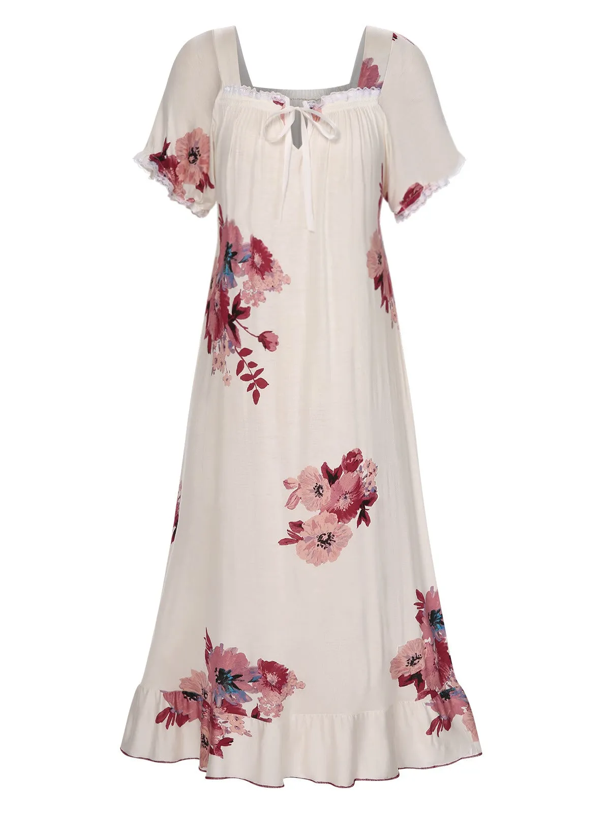 Beige 1930s Floral Square Collar Ruffles Puff Nightgowns sold by Retro Stage product image thumbnail 2