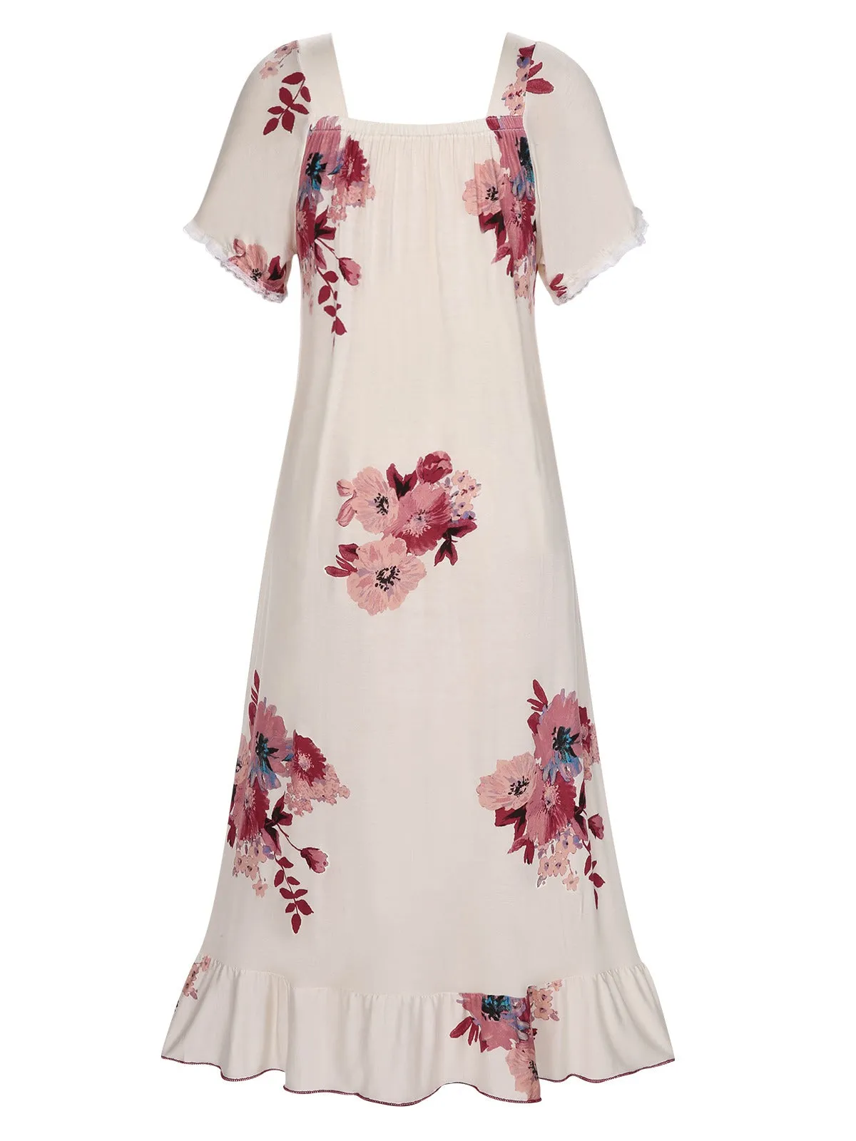 Beige 1930s Floral Square Collar Ruffles Puff Nightgowns sold by Retro Stage product image thumbnail 3