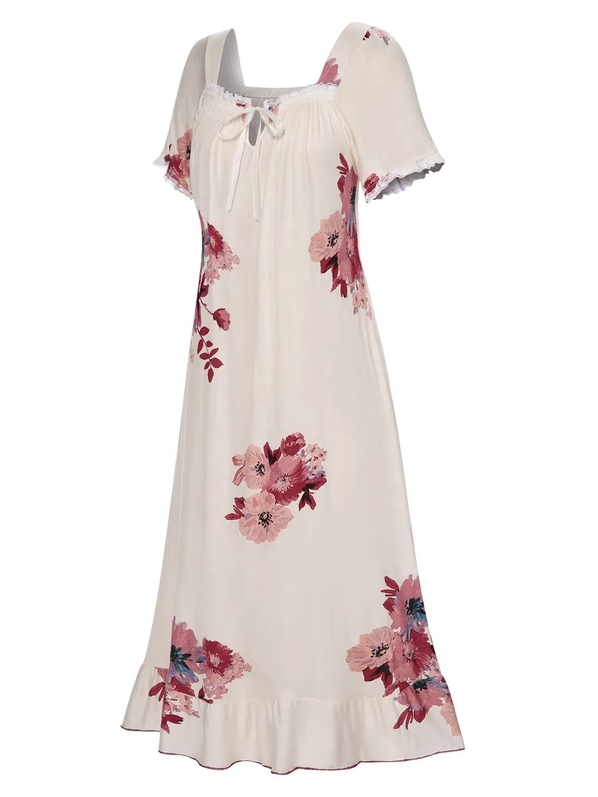 Beige 1930s Floral Square Collar Ruffles Puff Nightgowns sold by Retro Stage product image thumbnail 4