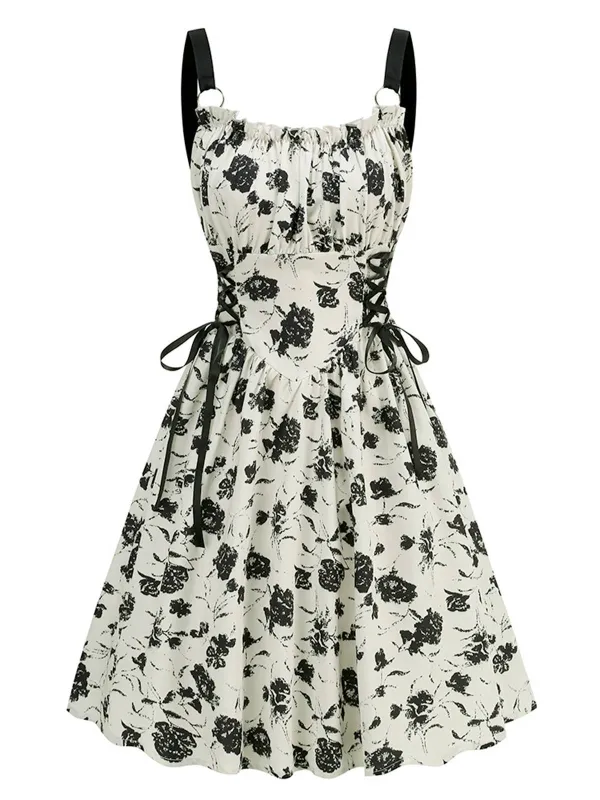 1950s Roses Straps Lace-Up Pleated Dress sold by Retro Stage