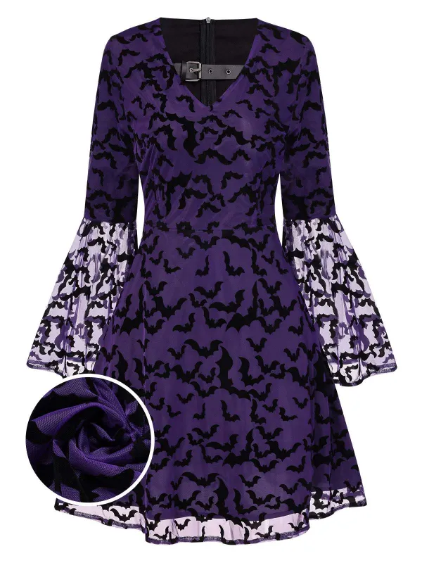 Purple 1960s Bats Mesh Bell Sleeves Dress made by Retro Stage