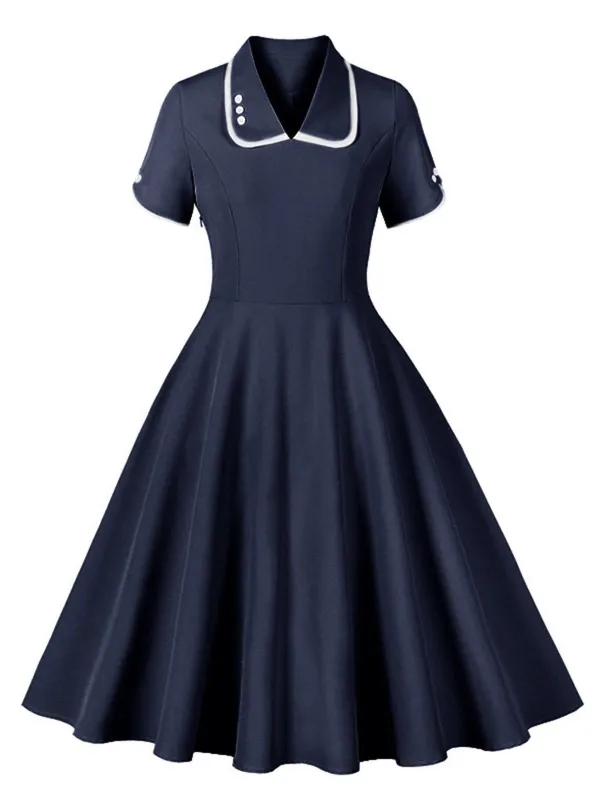 1950s Lapel Buttoned Short Sleeve Solid Dress sold by Retro Stage