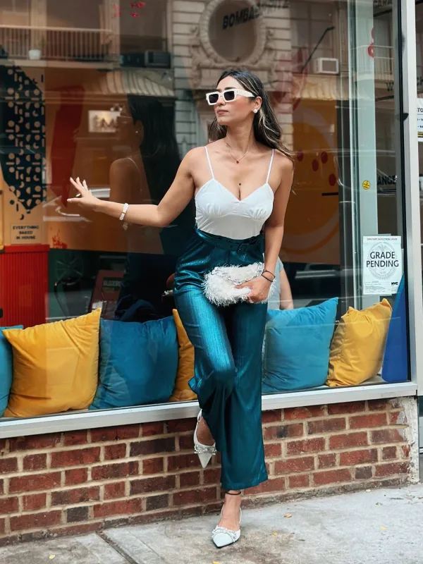 Blue 1930s Laser Flashing Spaghetti Strap Jumpsuit sold by Retro Stage