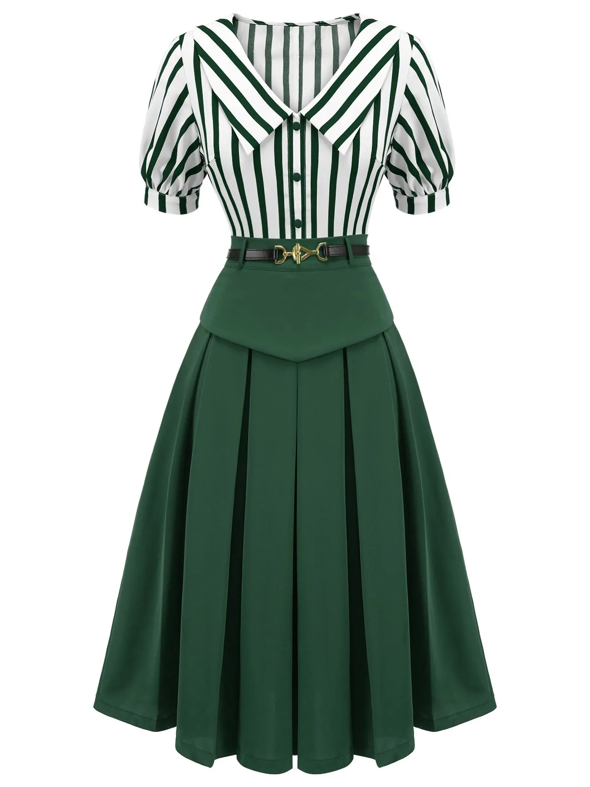 2PCS Green 1950s Striped Blouse & Pleated Skirt sold by Retro Stage product image thumbnail 2