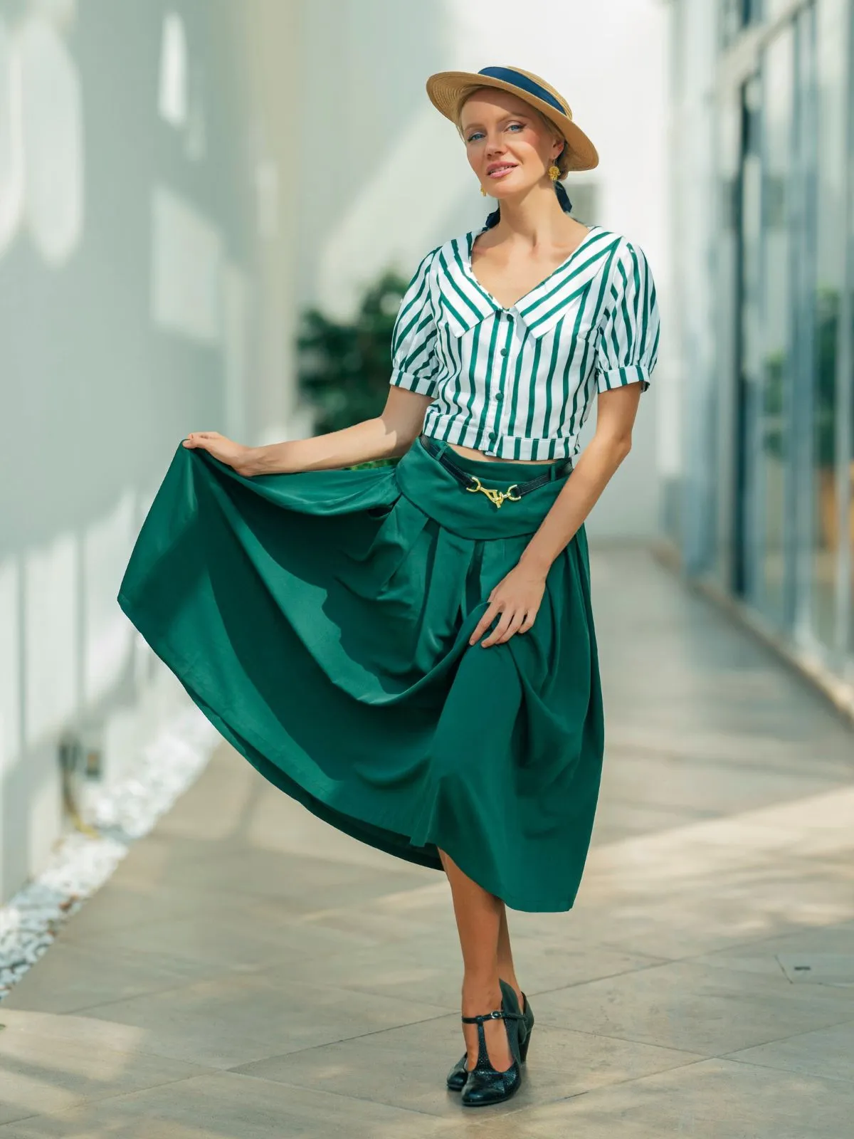 2PCS Green 1950s Striped Blouse & Pleated Skirt sold by Retro Stage