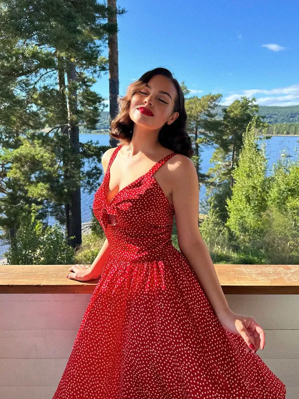 Red 1950s Spaghetti Strap Heart Print Dress sold by Retro Stage