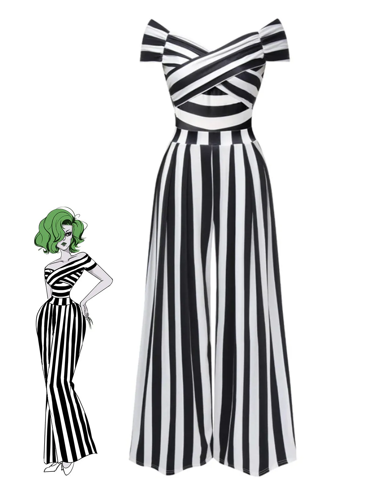 Black 1960s Off-Shoulder Stripes Jumpsuit sold by Retro Stage product image thumbnail 2