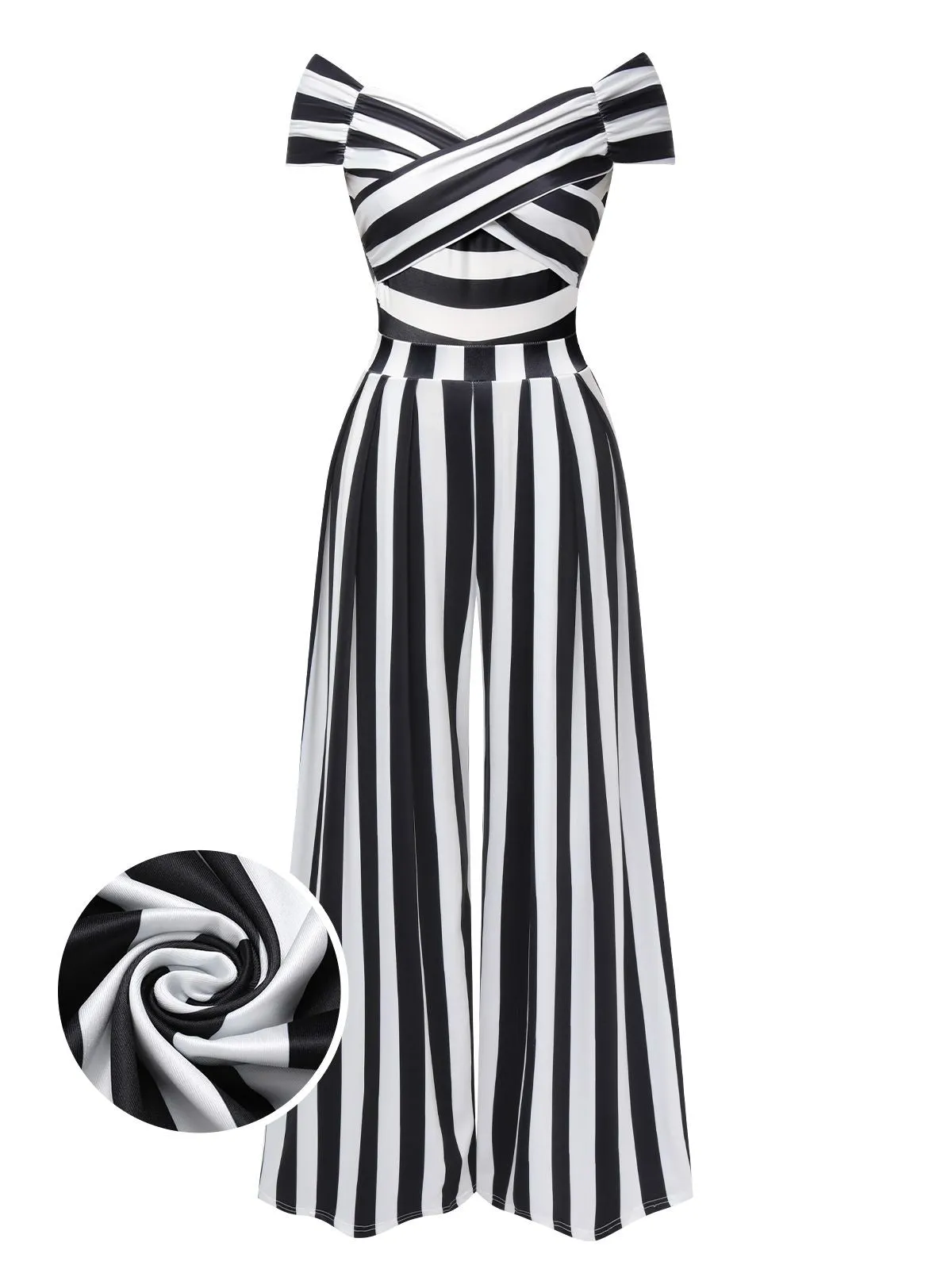 Black 1960s Off-Shoulder Stripes Jumpsuit sold by Retro Stage product image thumbnail 3