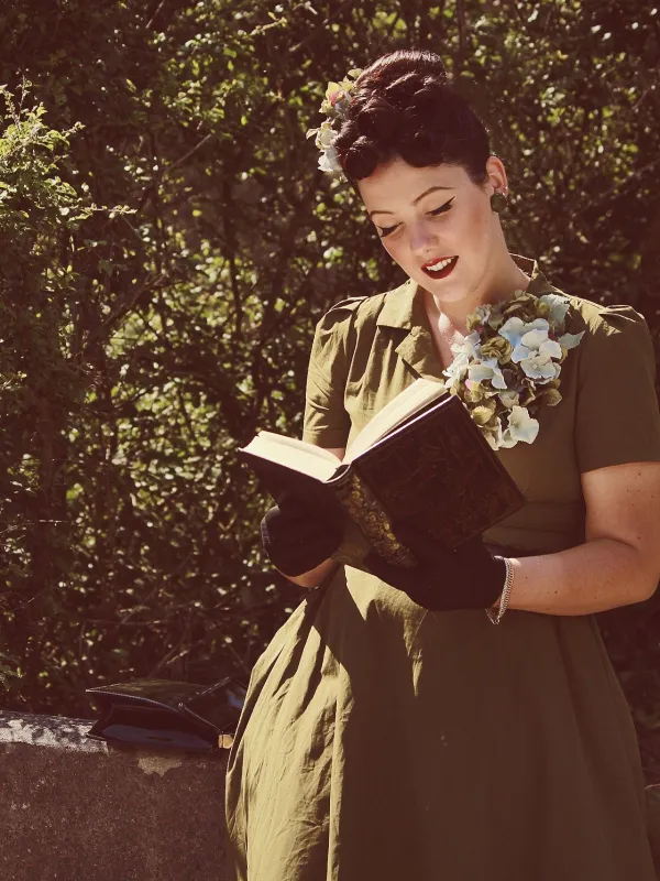 Green 1940s Lapel Buttoned Solid Dress sold by Retro Stage