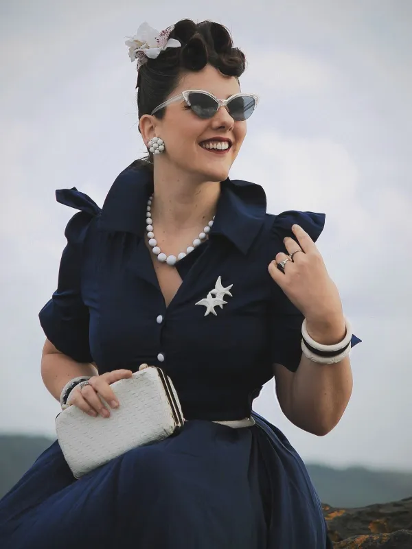 Blue 1940s Solid Short Sleeves Lapel Dress sold by Retro Stage
