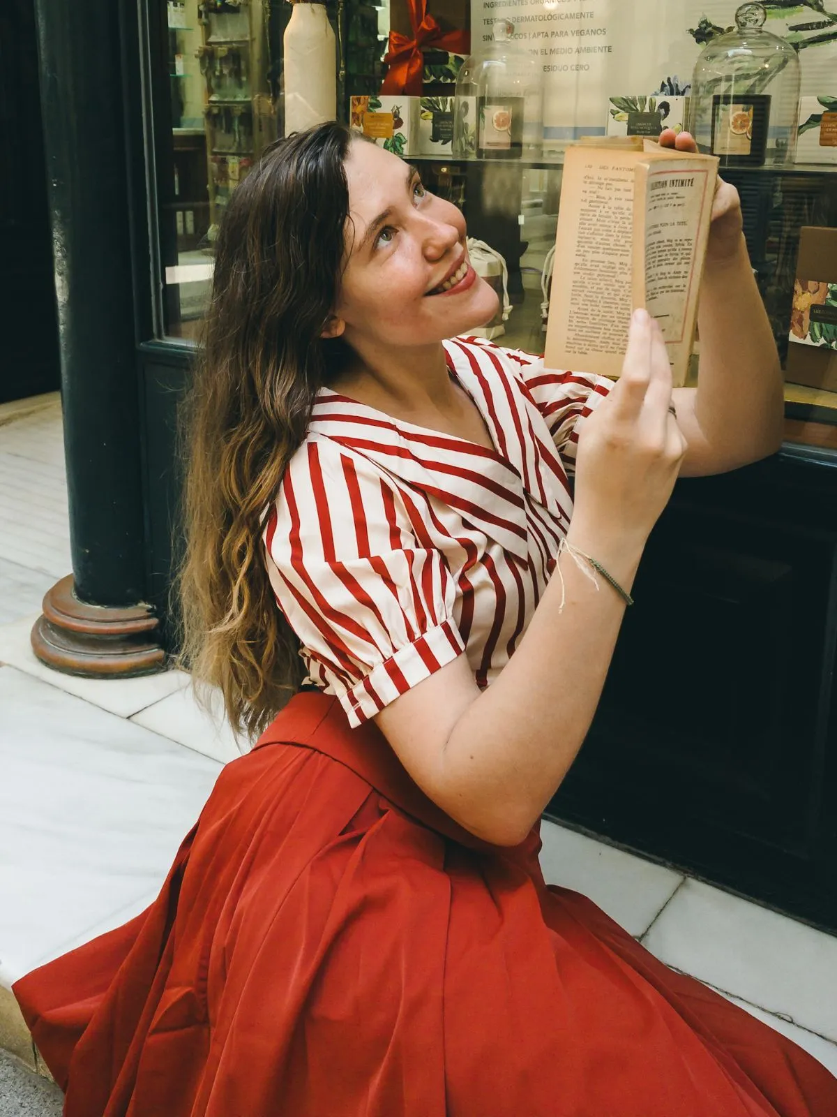 2PCS Orange Red 1950s Striped Blouse & Pleated Skirt sold by Retro Stage